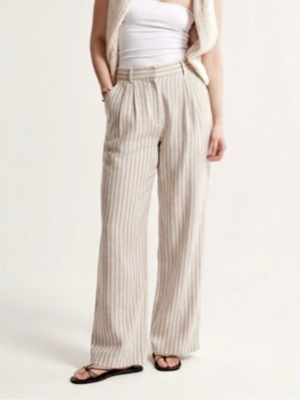 Abercrombie Curve Love Linen Blend Wide Leg Pants Coastal Beige Stripe 8/29